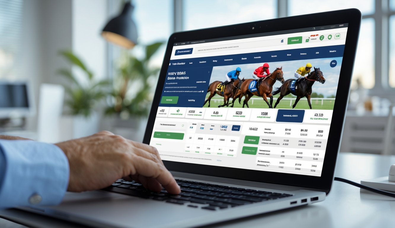 Seseorang menggunakan komputer untuk memasang taruhan pada pacuan kuda secara online dengan tampilan situs taruhan yang profesional.