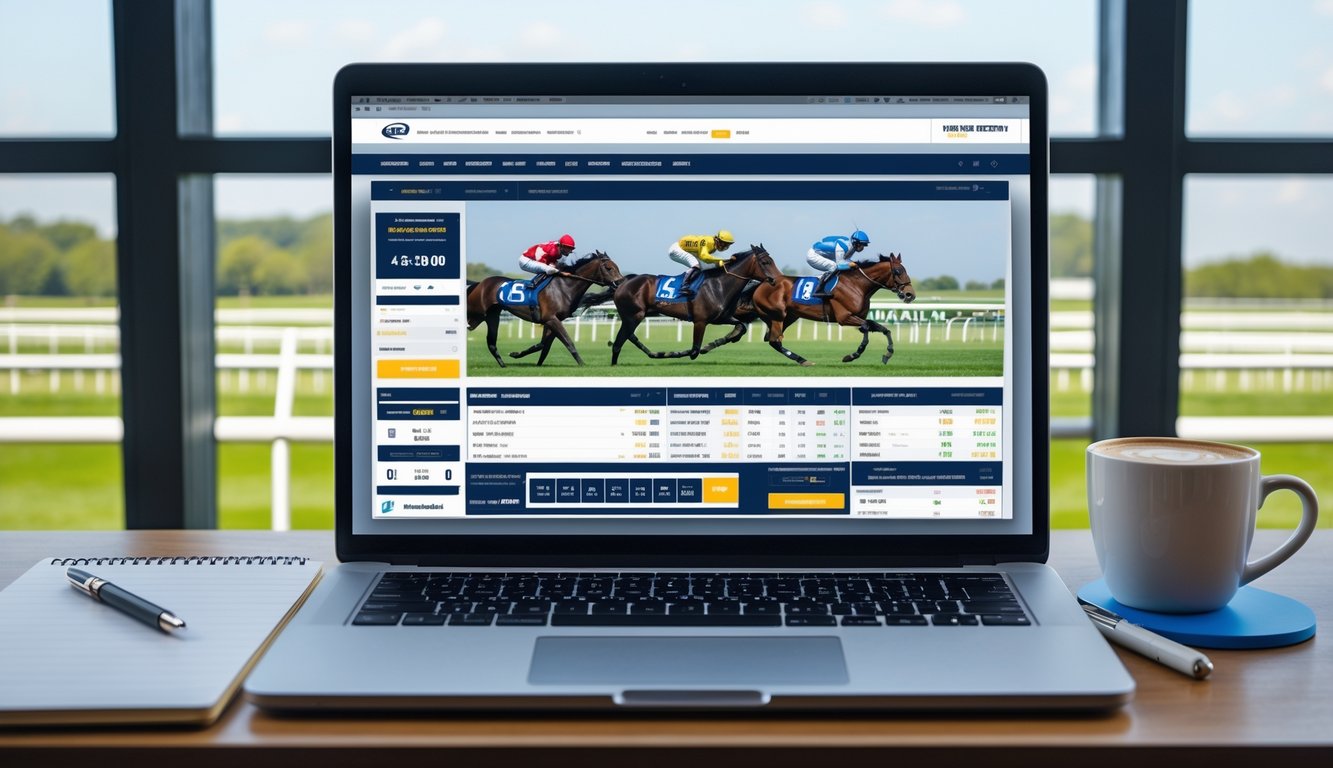 Seorang pria duduk di depan laptop yang menampilkan situs taruhan pacuan kuda online, dengan pemandangan lintasan pacuan kuda di latar belakang.