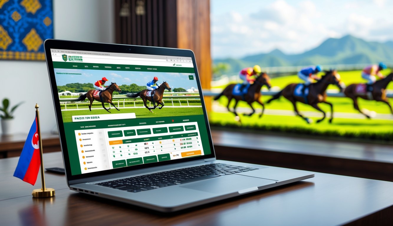 Seorang pria menggunakan laptop di meja dengan latar belakang pacuan kuda yang sedang berlangsung di lintasan hijau.