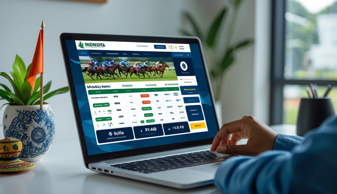 Seorang pengguna sedang menggunakan laptop dengan tampilan situs taruhan pacuan kuda online yang aman di sebuah meja kerja dengan elemen budaya Indonesia di latar belakang.