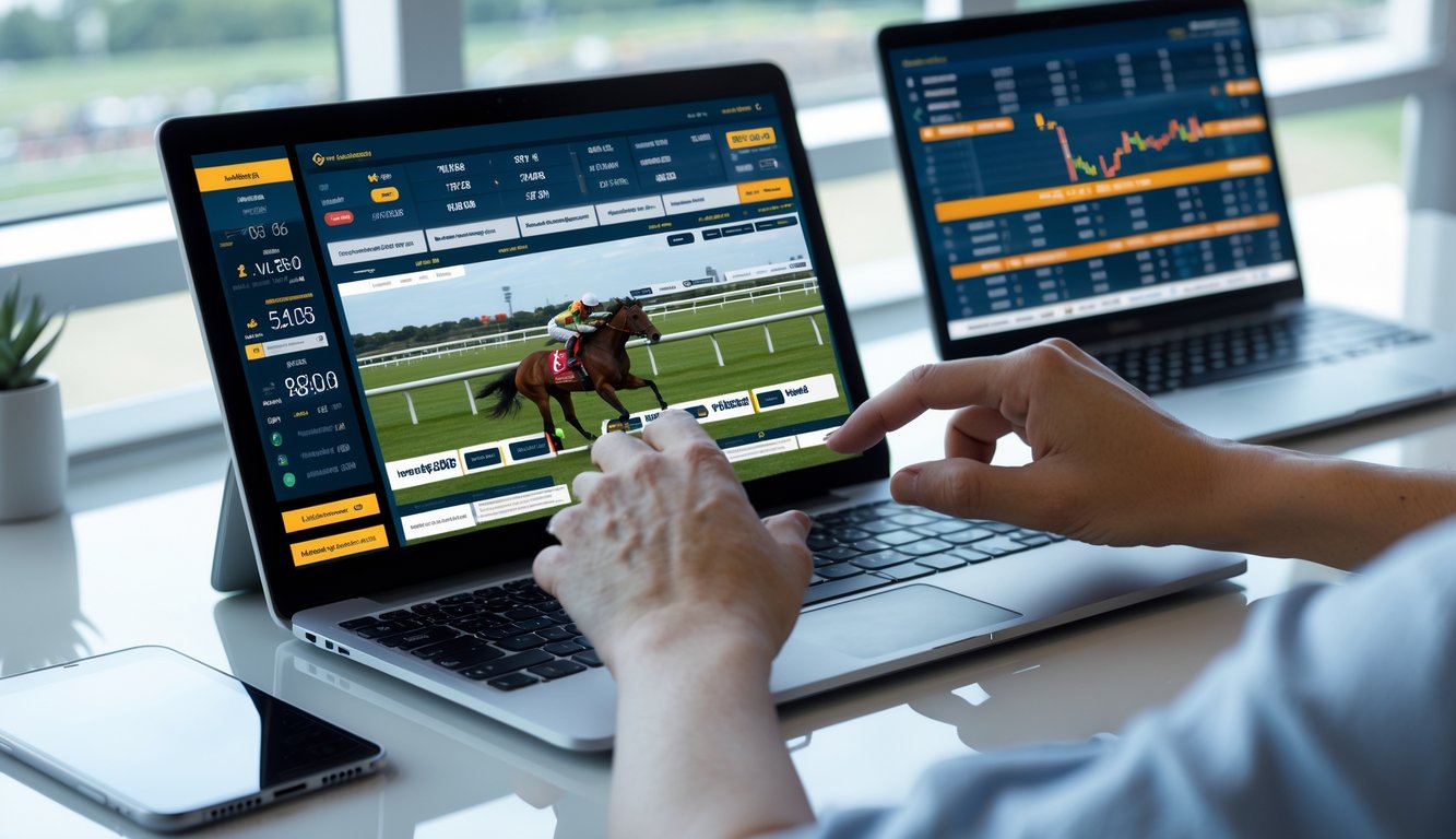 Seseorang menggunakan perangkat digital untuk memasang taruhan langsung pada pacuan kuda secara online.