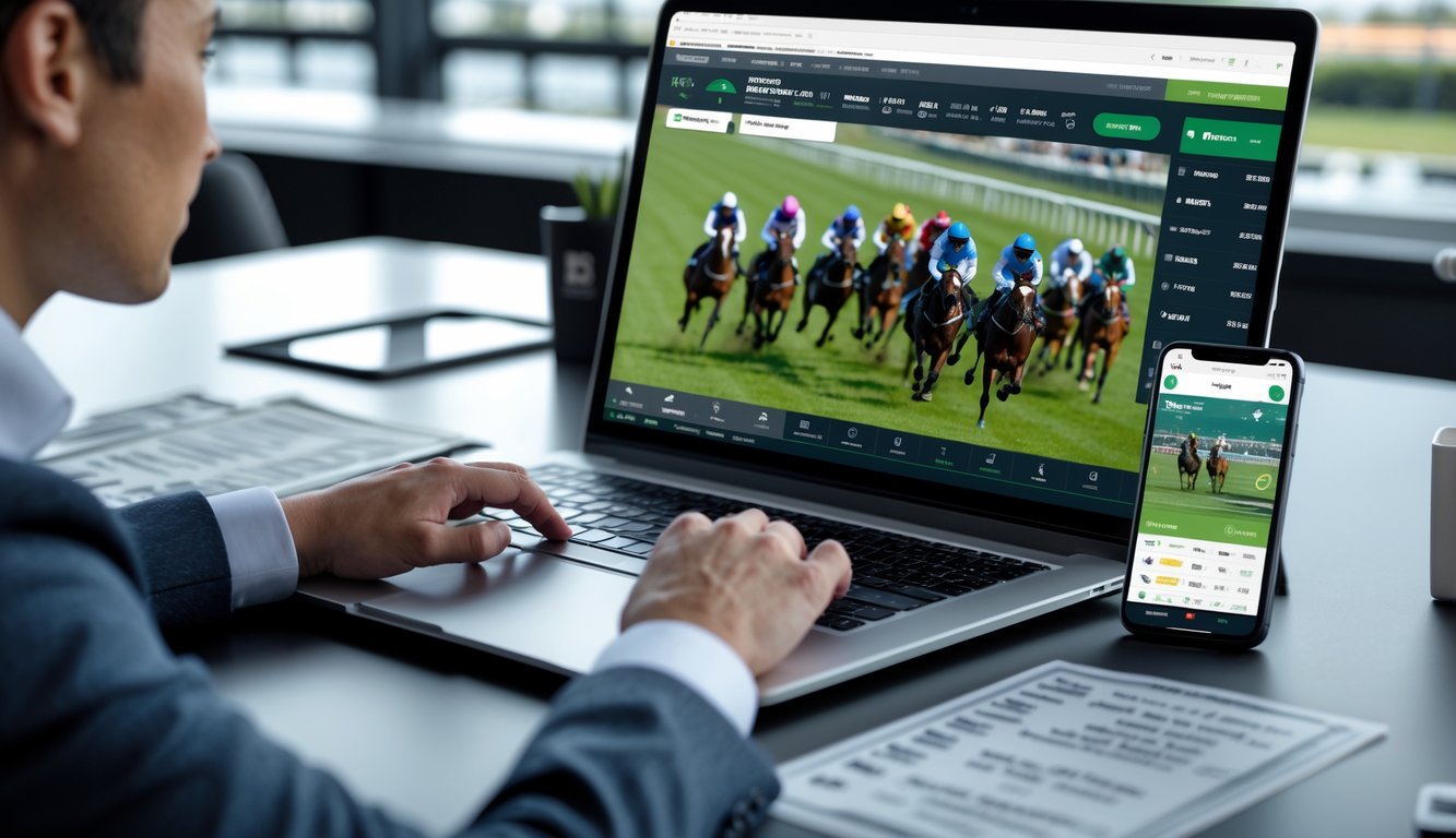 Seseorang sedang menggunakan komputer untuk memasang taruhan langsung pada pacuan kuda secara online di ruang kerja modern.