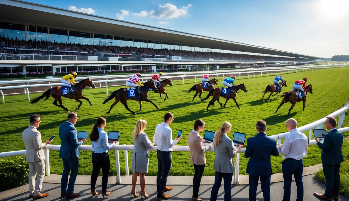 Lomba pacuan kuda dengan joki yang sedang berlomba dan penonton yang antusias di tribun, beberapa orang menggunakan perangkat digital untuk taruhan online.