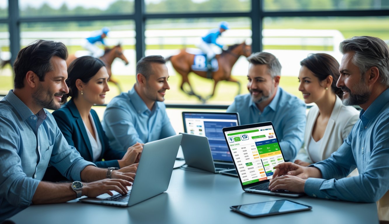 Sekelompok orang sedang menggunakan perangkat digital untuk memasang taruhan pacuan kuda secara online di ruang kerja modern.