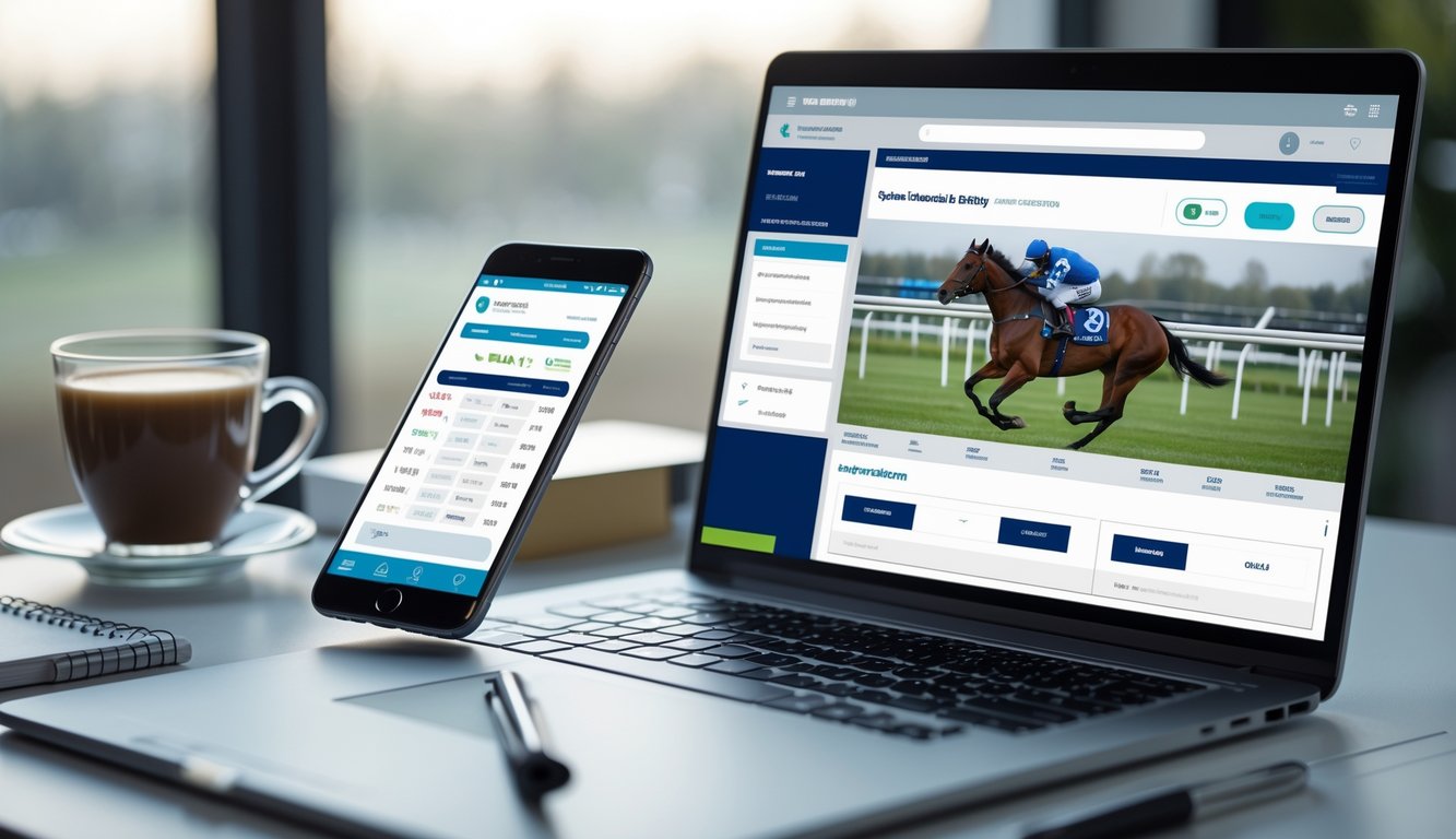 Seorang pengguna sedang menggunakan laptop dan ponsel untuk bertaruh pacuan kuda secara online di meja kerja.