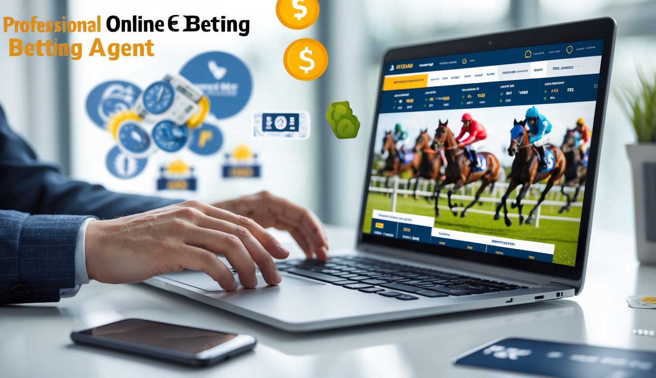 Seorang pria menggunakan laptop dan ponsel di meja kerja dengan tampilan situs taruhan pacuan kuda online di layar.