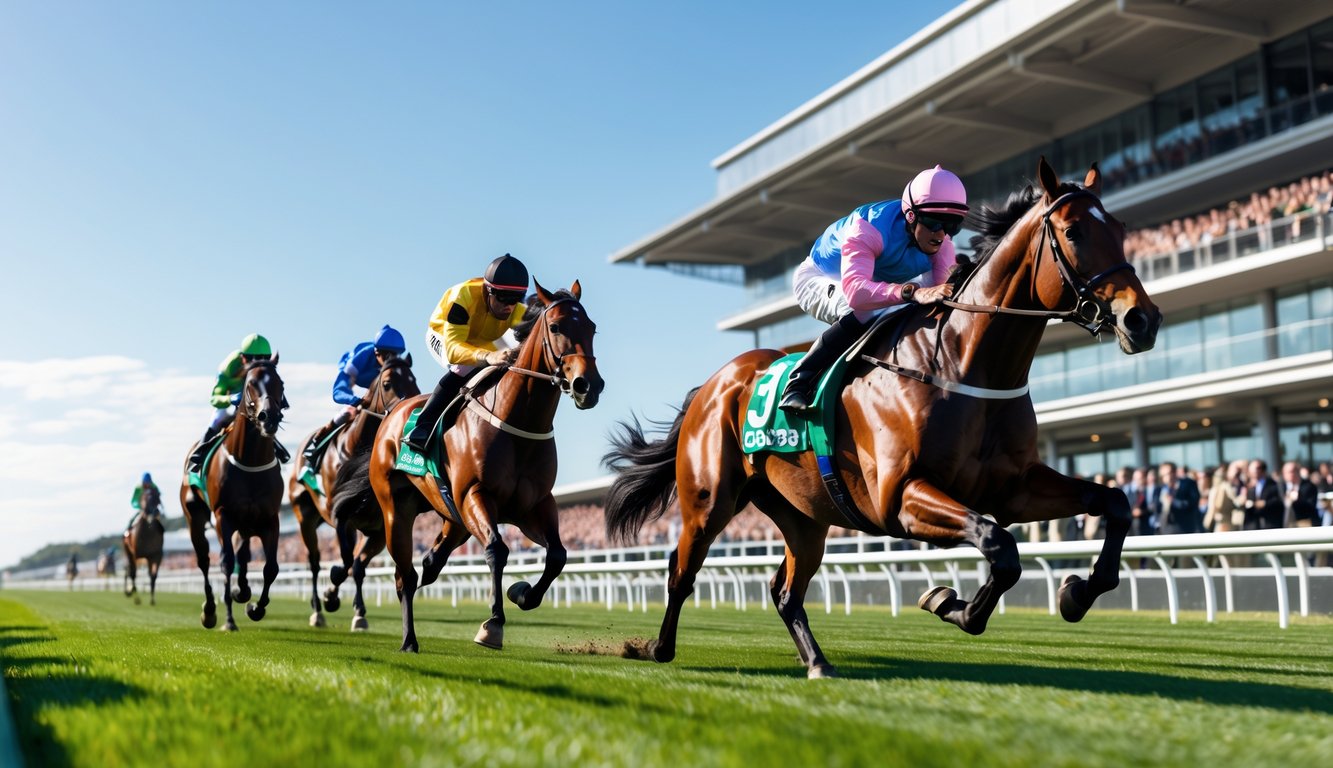 Beberapa kuda pacuan sedang berlari cepat di lintasan dengan joki mengenakan pakaian warna-warni dan penonton di latar belakang.