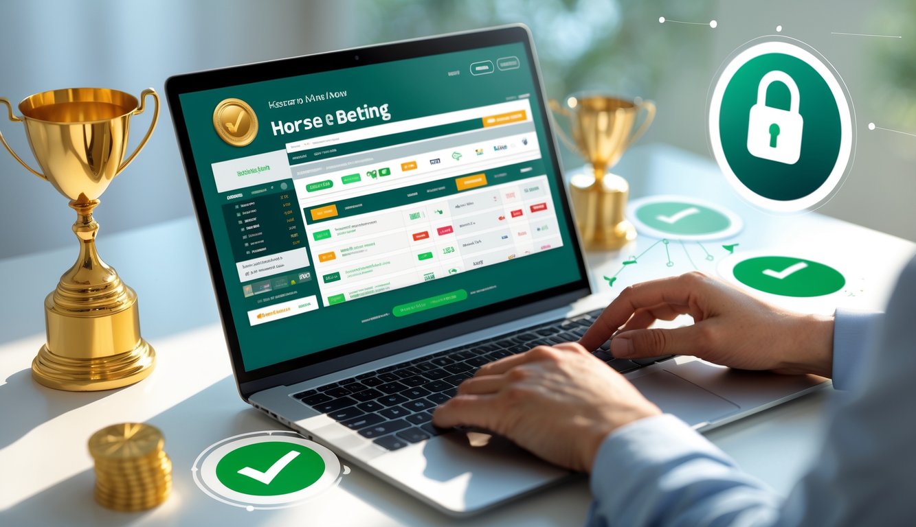 Seseorang menggunakan laptop di meja kerja dengan tampilan situs taruhan pacuan kuda online, di sekitar terdapat simbol kepercayaan seperti trofi dan ikon kunci pengaman.
