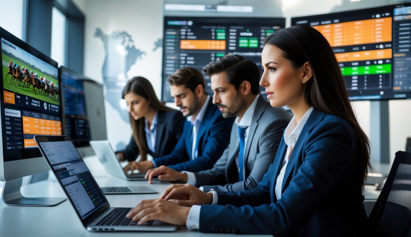 Orang-orang bekerja di ruang kantor modern dengan komputer menampilkan balapan kuda dan data taruhan internasional.