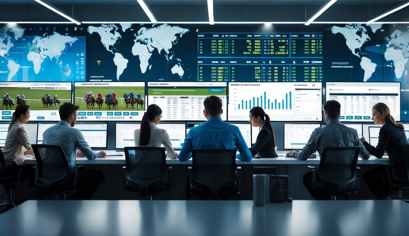 Orang-orang bekerja di ruang kantor modern dengan beberapa layar komputer menampilkan data pacuan kuda dan taruhan internasional.