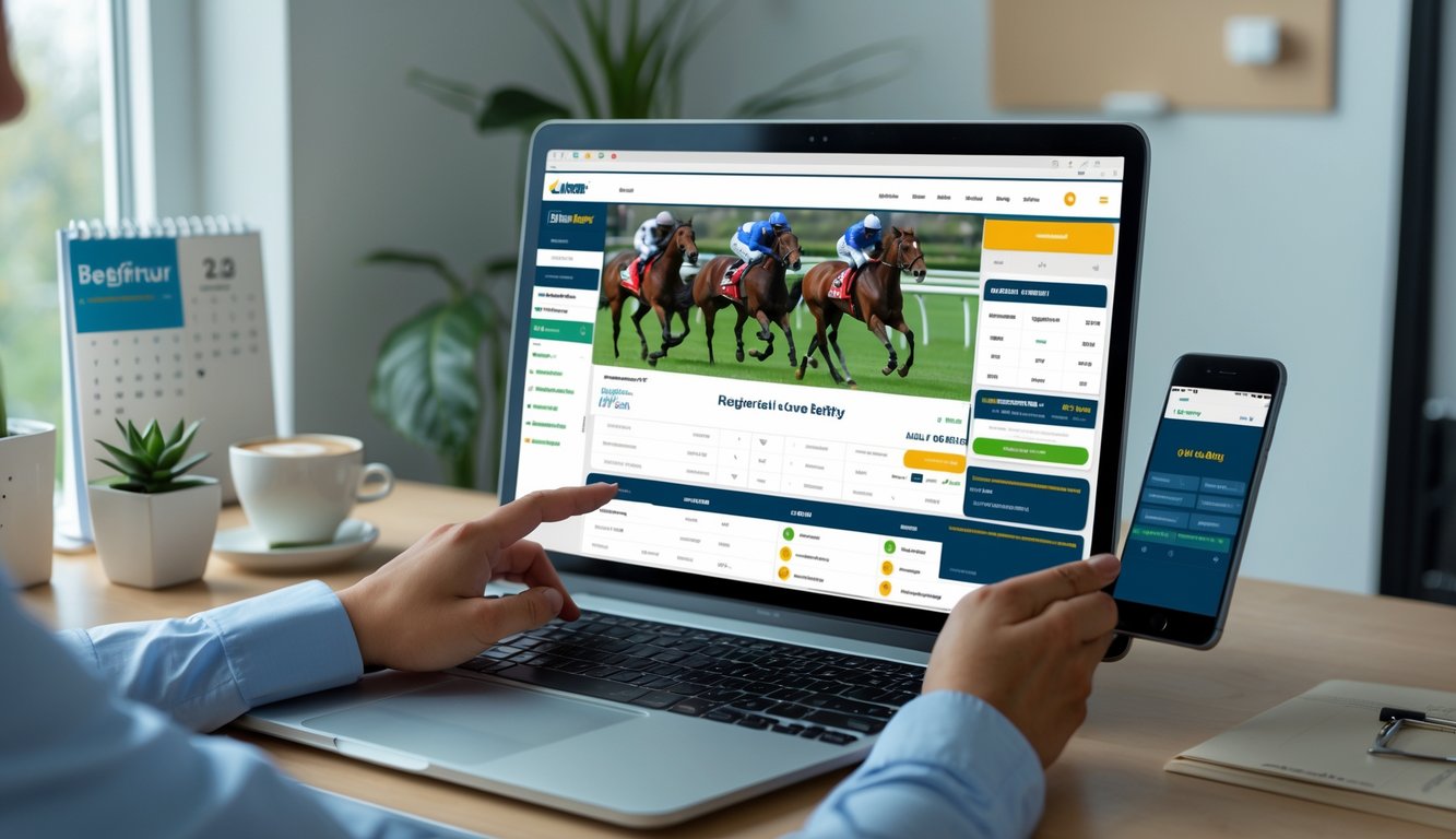 Seorang pemula sedang mendaftar di platform taruhan pacuan kuda online menggunakan laptop dan ponsel di ruang kerja modern.