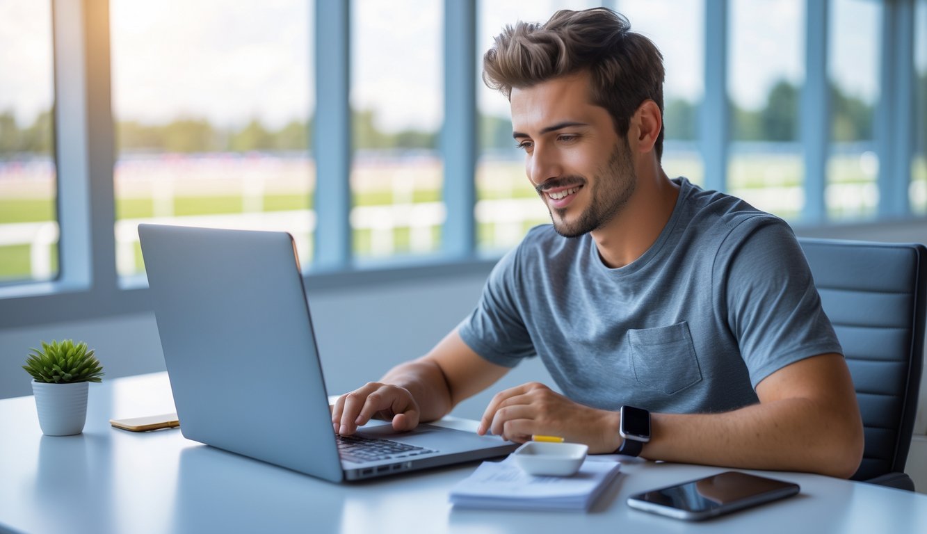 Seorang pria muda duduk di meja dengan laptop terbuka, fokus mendaftar di situs taruhan pacuan kuda online, dengan latar belakang jendela yang menunjukkan pacuan kuda.