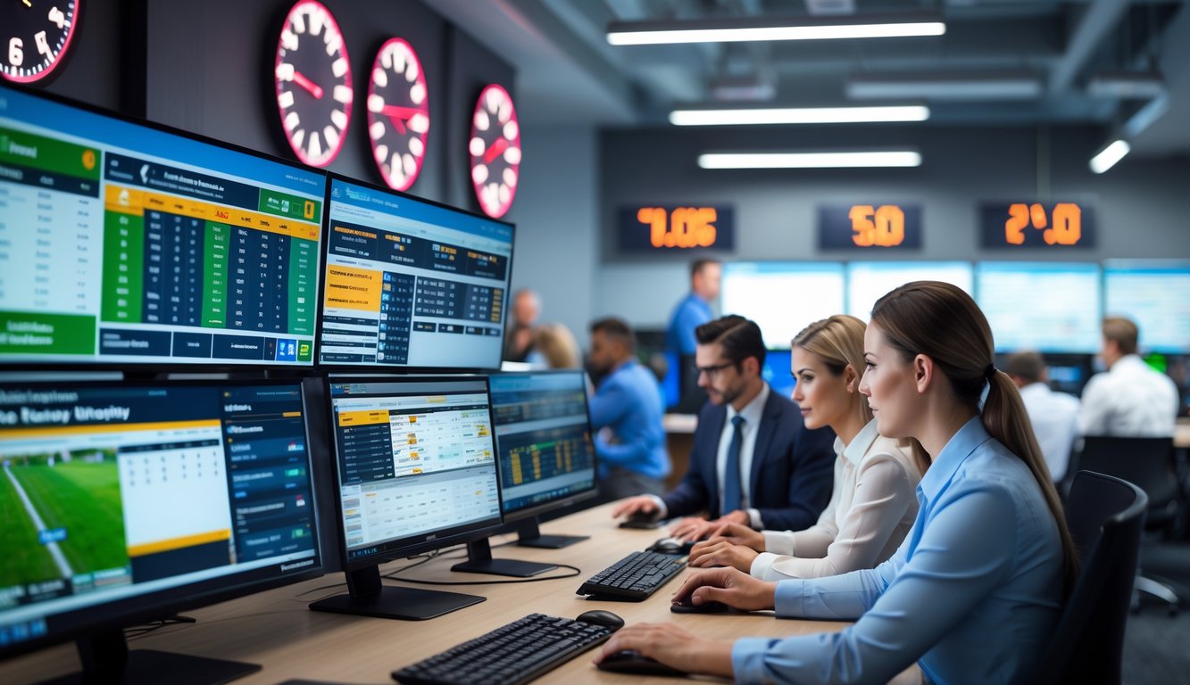 Suasana kantor modern dengan beberapa orang yang sedang bekerja di depan komputer menampilkan data dan siaran langsung pacuan kuda.