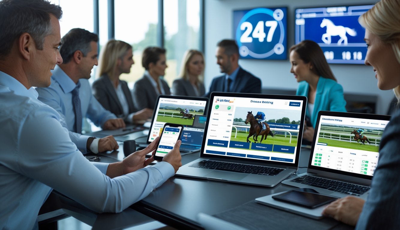 Beberapa orang dewasa menggunakan perangkat digital untuk taruhan pacuan kuda online di sebuah kantor modern dengan suasana terang dan profesional.