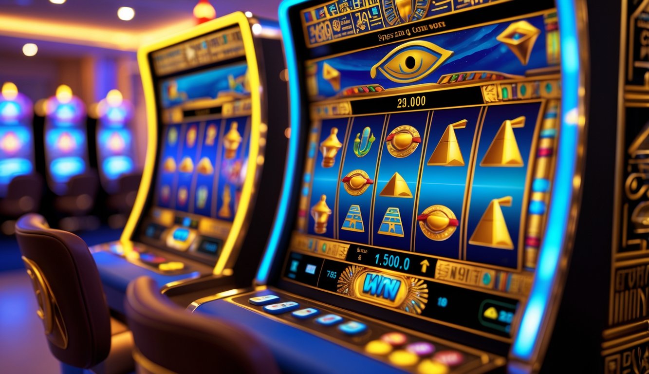 Mesin slot bertema Mesir kuno dengan simbol hieroglif dan scarab emas di kasino yang terang dan bersih.