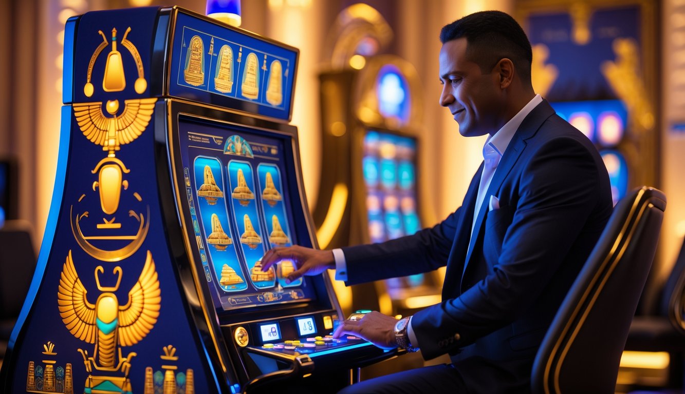 Seorang pemain dewasa yang percaya diri sedang bermain mesin slot dengan tema Mesir kuno di kasino modern.