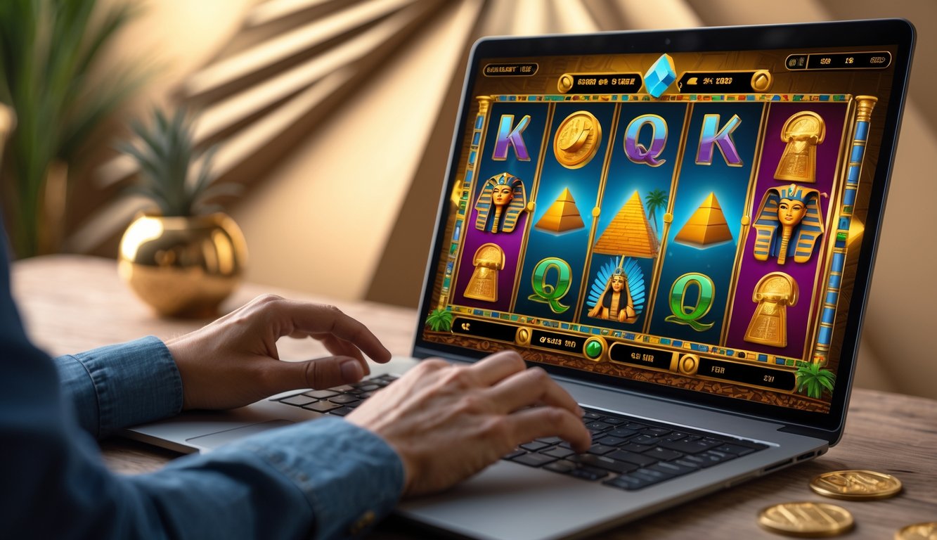 Seseorang menggunakan laptop yang menampilkan permainan slot bertema Mesir dengan simbol piramida dan firaun.