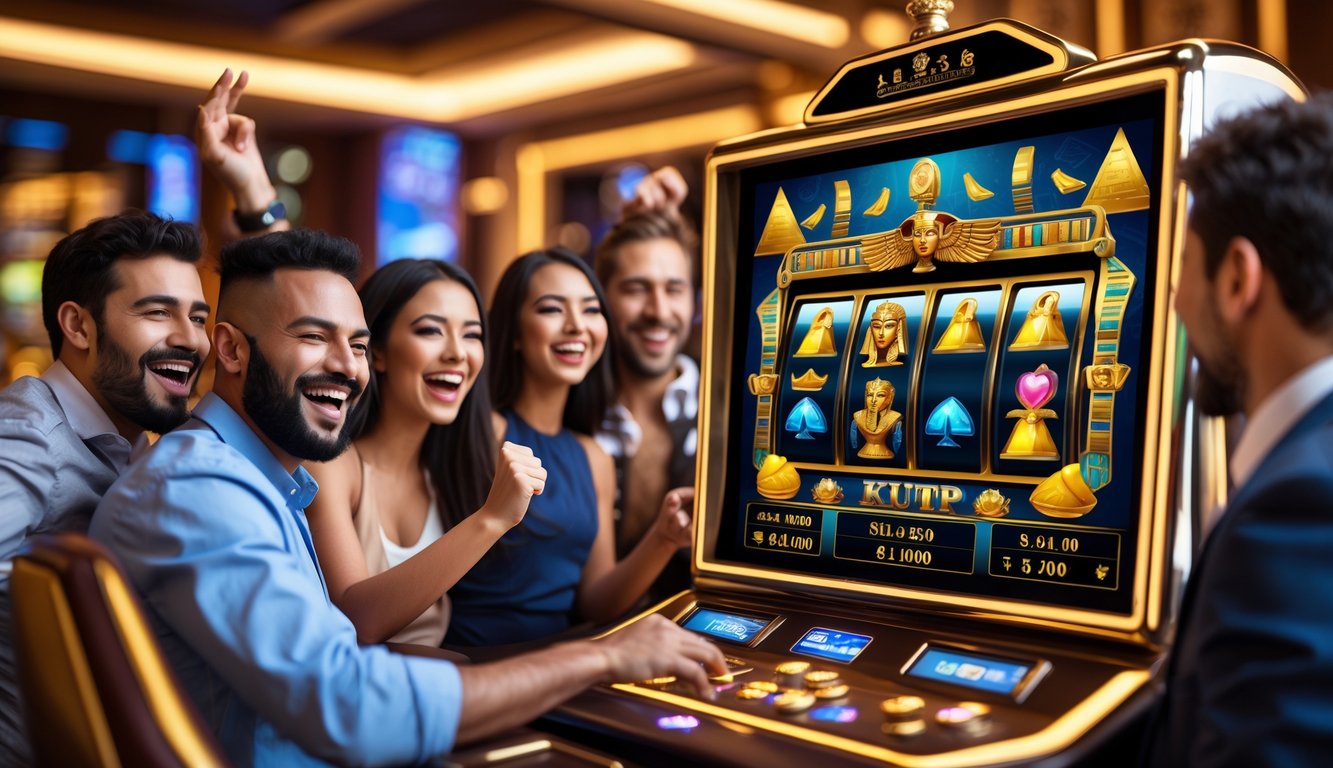 Orang-orang yang sedang bermain mesin slot bertema Mesir kuno di kasino dengan suasana hangat dan mewah.