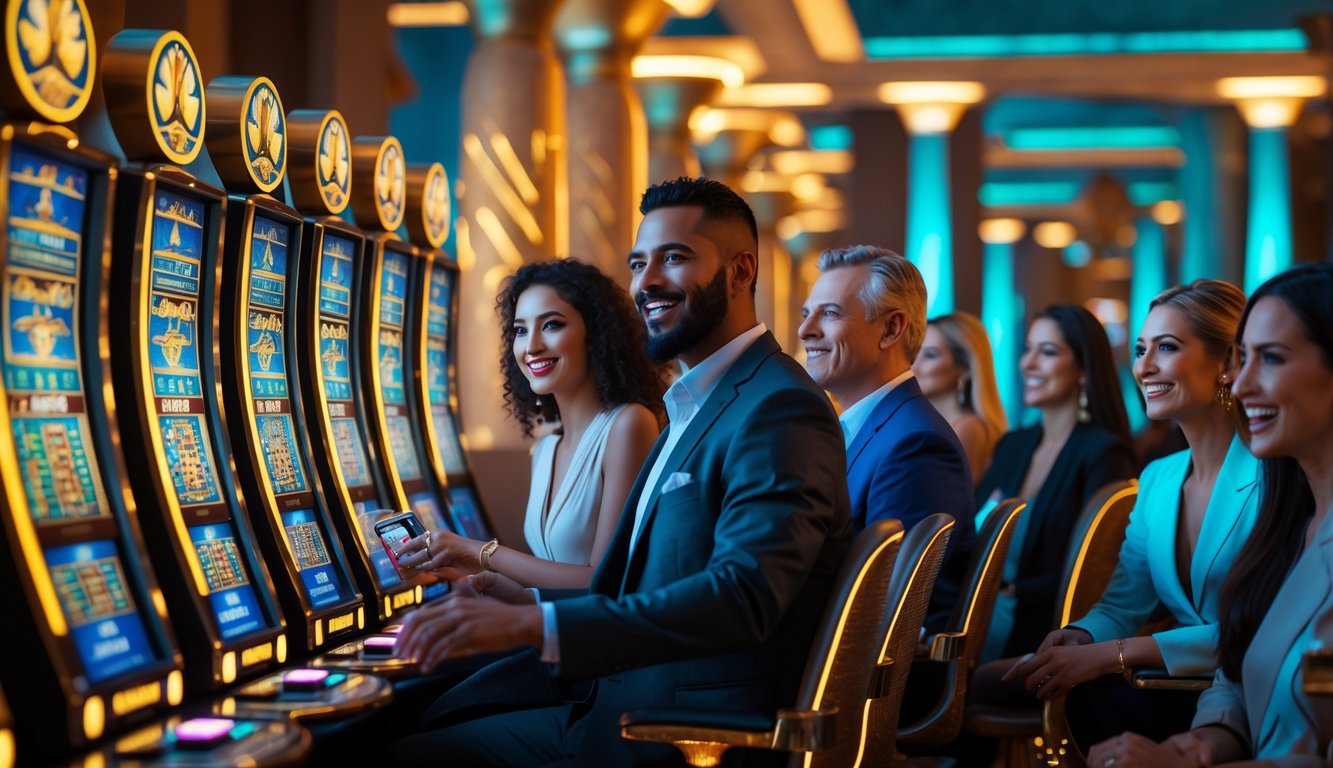 Orang-orang sedang bermain mesin slot dengan dekorasi bertema Mesir kuno di sebuah kasino yang aman dan resmi.