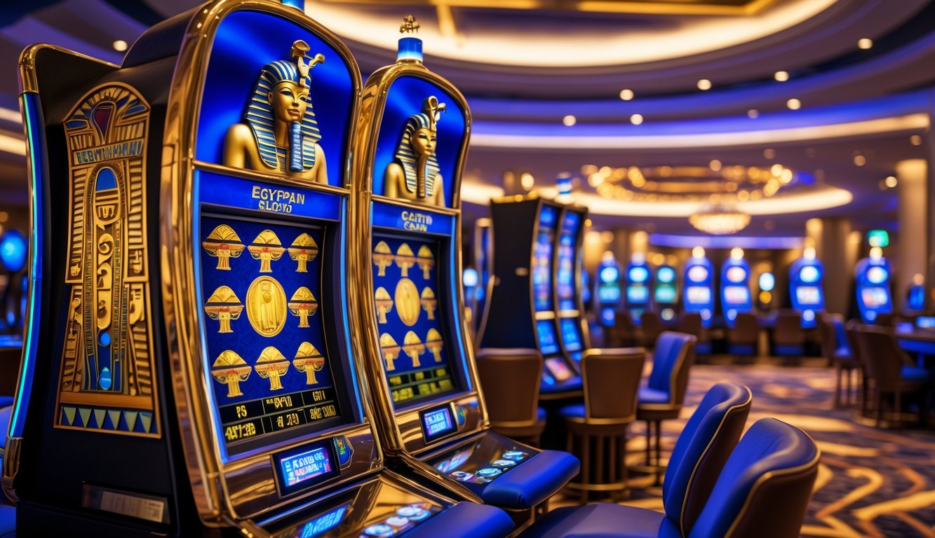 Suasana kasino modern dengan mesin slot bertema Mesir yang mewah dan warna emas serta biru yang cerah.