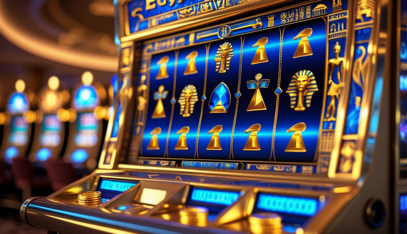 Mesin slot bertema Mesir kuno dengan simbol hieroglif dan latar kasino yang mewah.