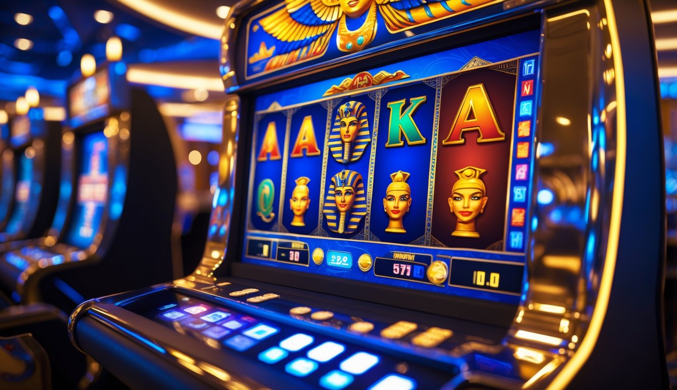 Mesin slot bertema Mesir kuno dengan simbol-simbol emas dan piramida di kasino modern yang terang dan menarik.