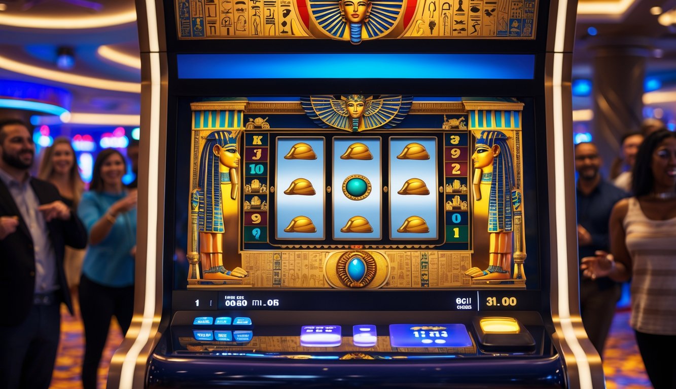 Mesin slot bertema Mesir kuno dengan ornamen hieroglif emas dan orang-orang yang terlihat antusias di latar belakang.