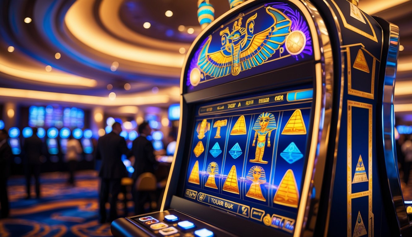 Mesin slot bertema Mesir kuno di dalam kasino dengan pencahayaan mewah dan orang-orang di latar belakang.