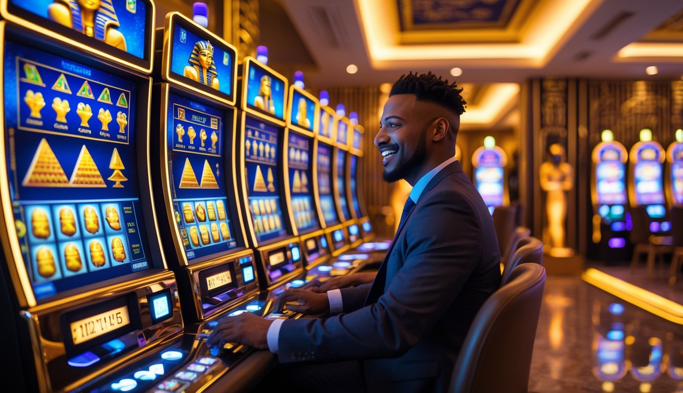 Area mesin slot bertema Mesir kuno dengan mesin modern dan pemain yang sedang bermain.