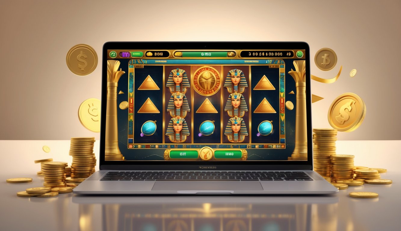 Layar komputer menampilkan permainan slot bertema Mesir dengan simbol piramida dan scarab, dikelilingi ikon transaksi cepat dan koin.