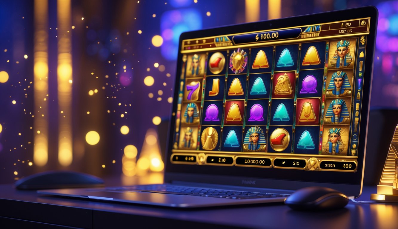 Layar komputer menampilkan permainan mesin slot bertema Mesir kuno dengan simbol seperti scarab dan piramida di lingkungan kasino online.