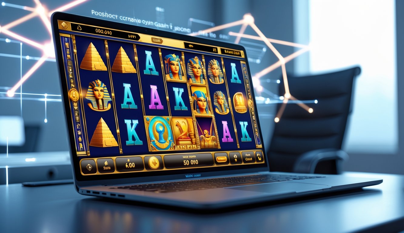 Seorang pengguna komputer di ruang kerja modern dengan layar menampilkan permainan slot bertema Mesir kuno.