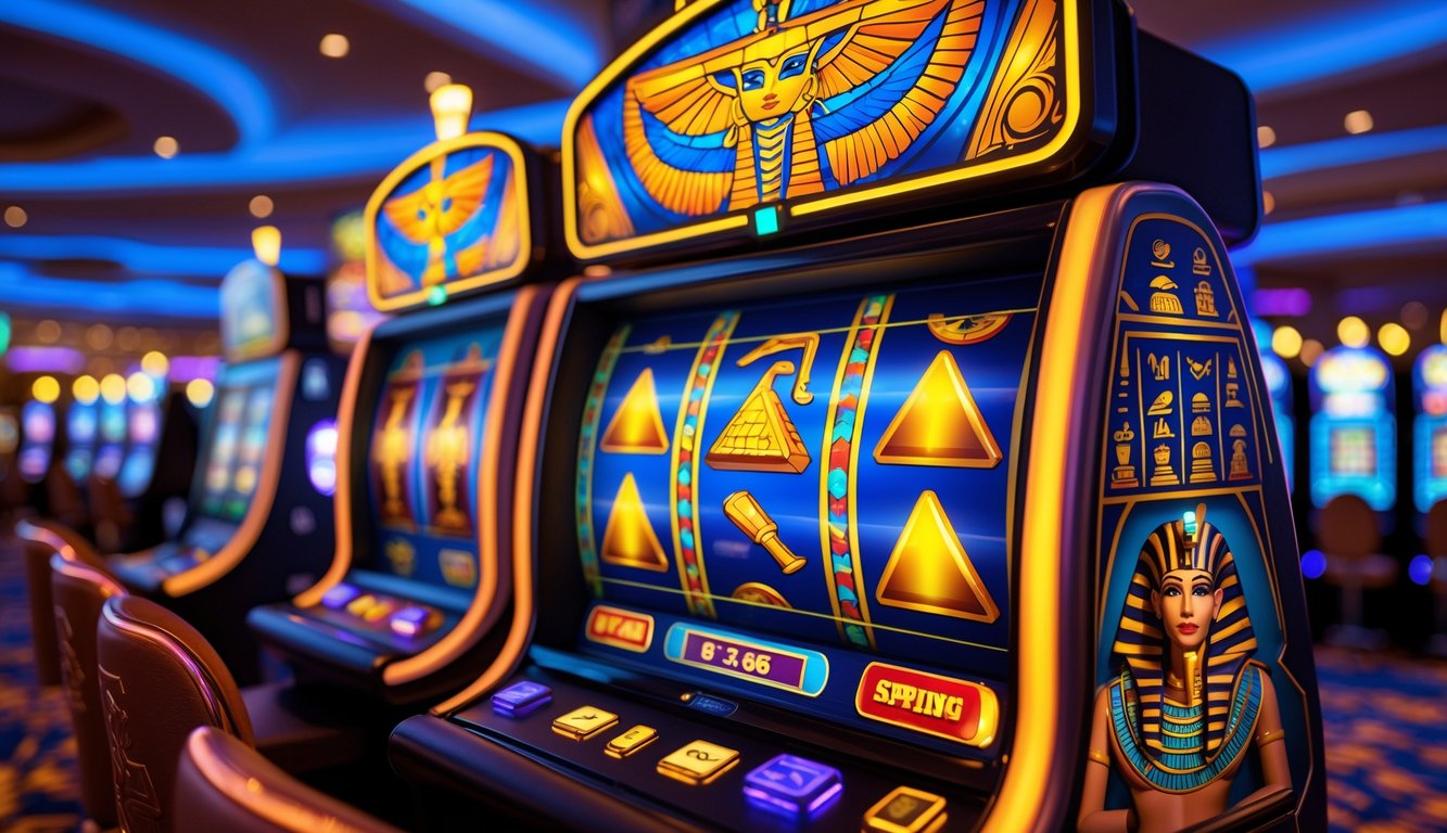 Mesin slot bertema Mesir dengan simbol-simbol ikonik di dalam kasino yang terang dan ramai.