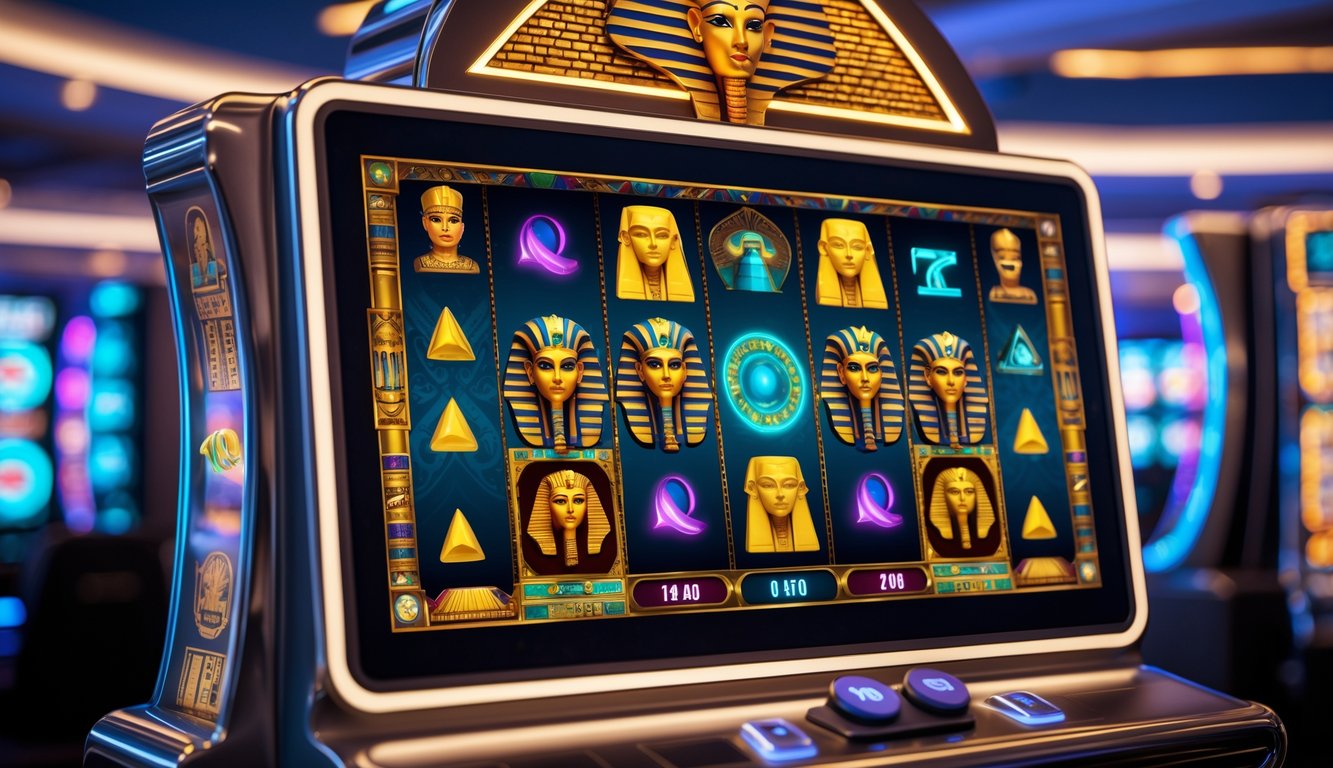 Mesin slot bertema Mesir kuno dengan simbol-simbol seperti scarab emas dan piramida di dalam kasino modern.
