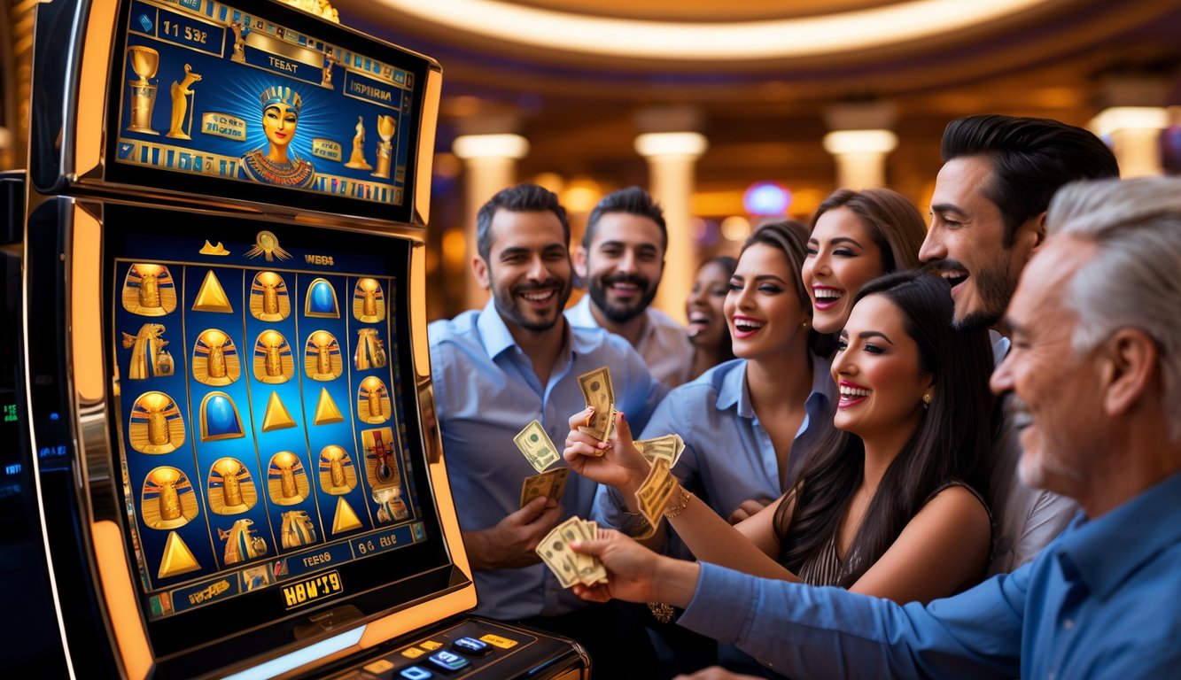 Beberapa orang bermain mesin slot dengan tema Mesir kuno di dalam kasino yang mewah dan terang.