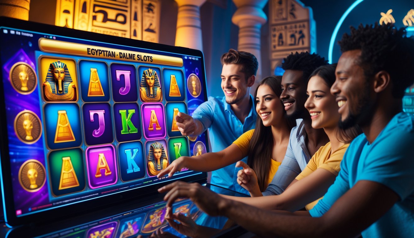 Sekelompok orang muda yang antusias bermain permainan slot bertema Mesir kuno di layar sentuh besar dengan latar belakang arsitektur Mesir dan elemen teknologi modern.