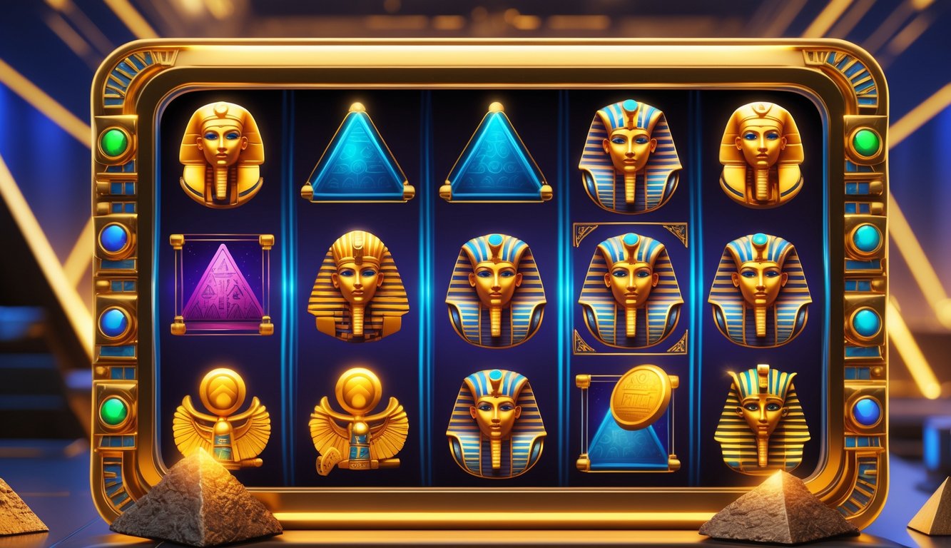 Layar mesin slot online dengan simbol bertema Mesir kuno seperti scarab emas dan piramida yang berputar.