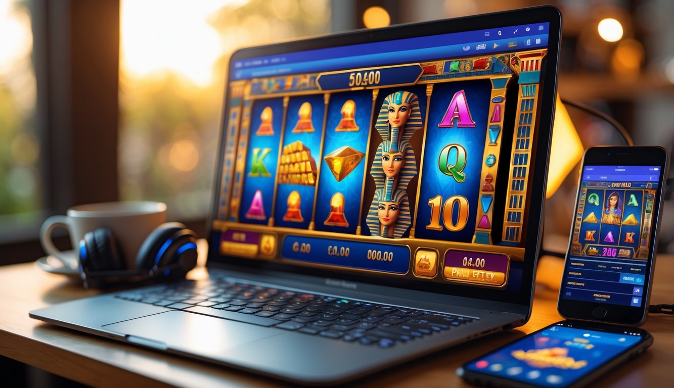 Seorang pemain menggunakan komputer dengan layar menampilkan permainan slot bertema Mesir kuno, di meja terdapat headphone dan ponsel.