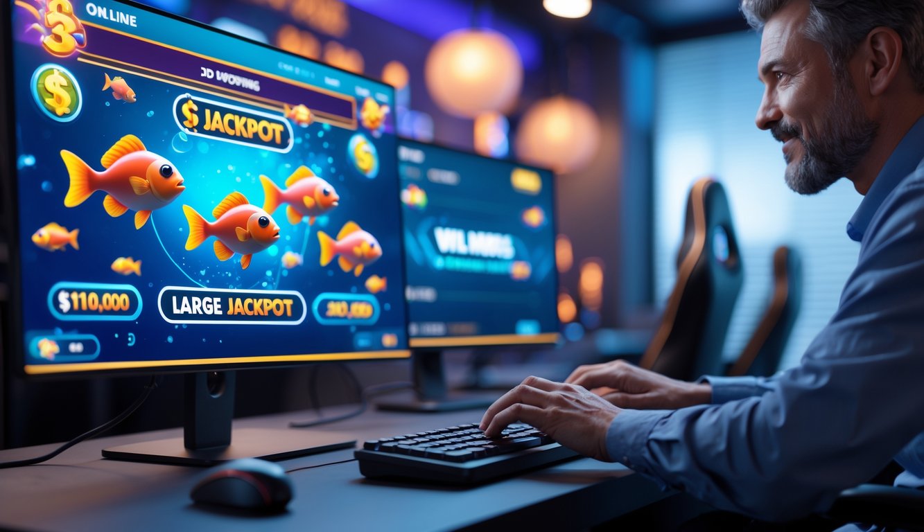 Seorang pemain dewasa sedang bermain permainan tembak ikan 3D online di komputer dengan latar ruangan gaming yang modern dan terang.