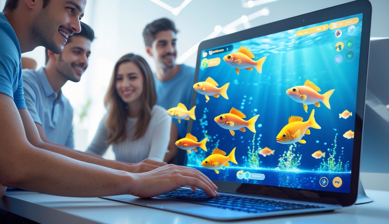 Beberapa orang muda sedang bermain permainan tembak ikan 3D secara online di perangkat digital dengan latar belakang yang bersih dan modern.