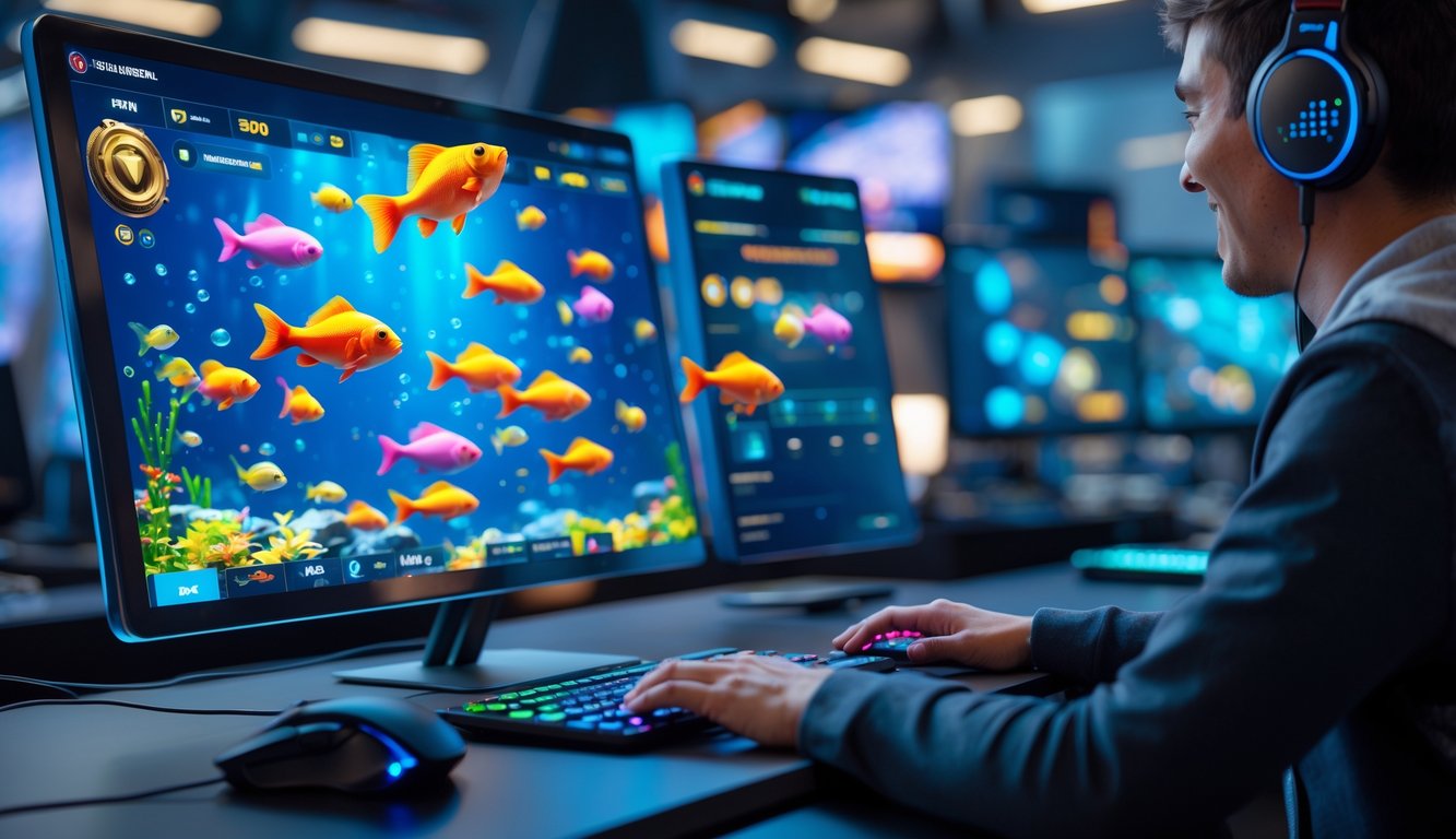 Seorang pengguna sedang bermain game tembak ikan 3D di komputer dengan latar ruang kerja modern dan peralatan gaming.