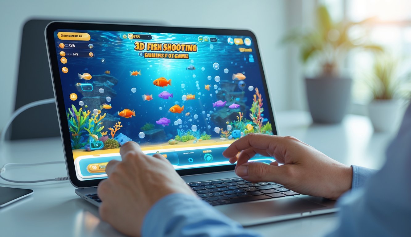 Seseorang menggunakan perangkat dengan tampilan permainan tembak ikan 3D online di meja kerja yang rapi.