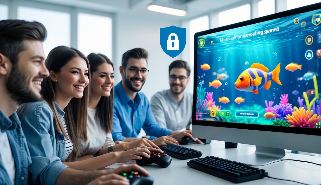 Sekelompok orang muda sedang bermain game tembak ikan 3D di komputer dalam ruangan kantor modern yang terang dan bersih.