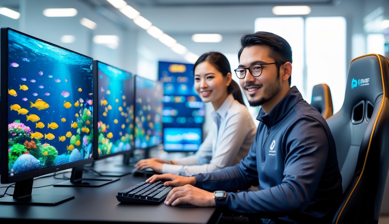 Dua orang dewasa bermain game tembak ikan 3D di depan beberapa monitor di ruang kantor yang terang dan modern.