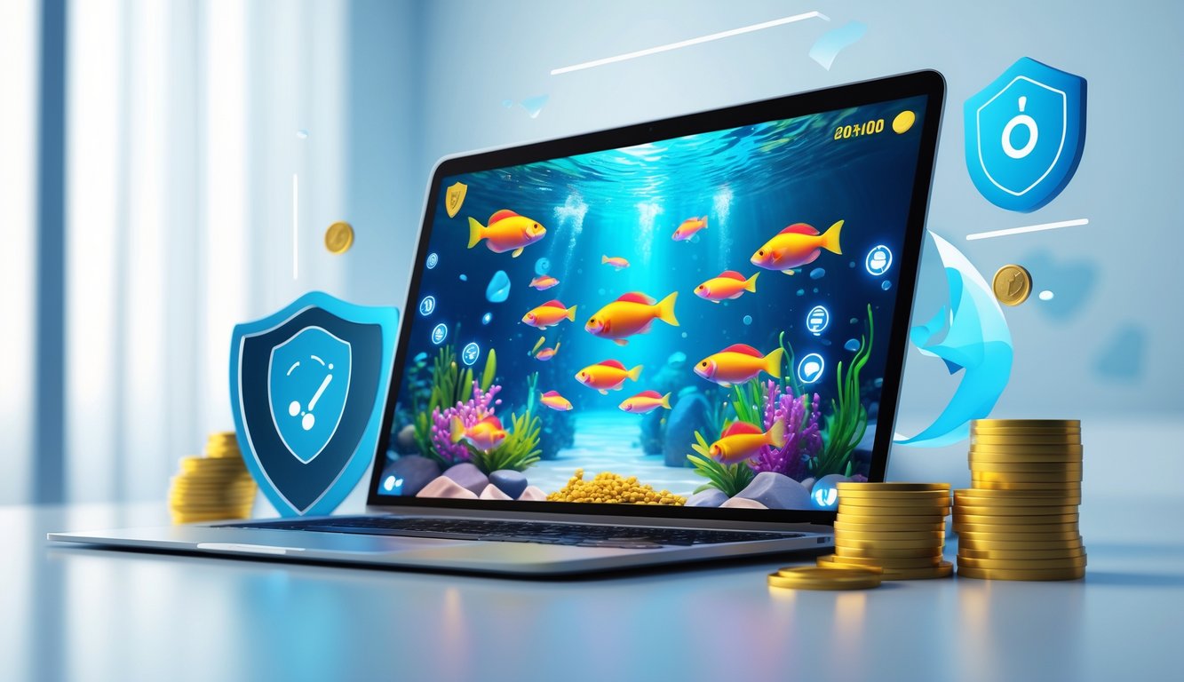 Sebuah komputer menampilkan permainan menembak ikan 3D dengan latar belakang biru dan simbol keamanan dan kecepatan di sekitarnya.