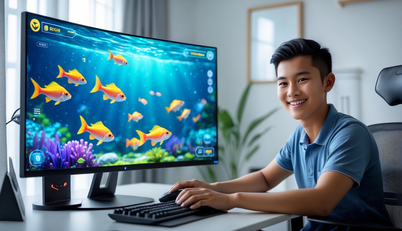 Seorang dewasa muda Indonesia sedang bermain game tembak ikan 3D di komputer di ruang kerja yang bersih dan terang.