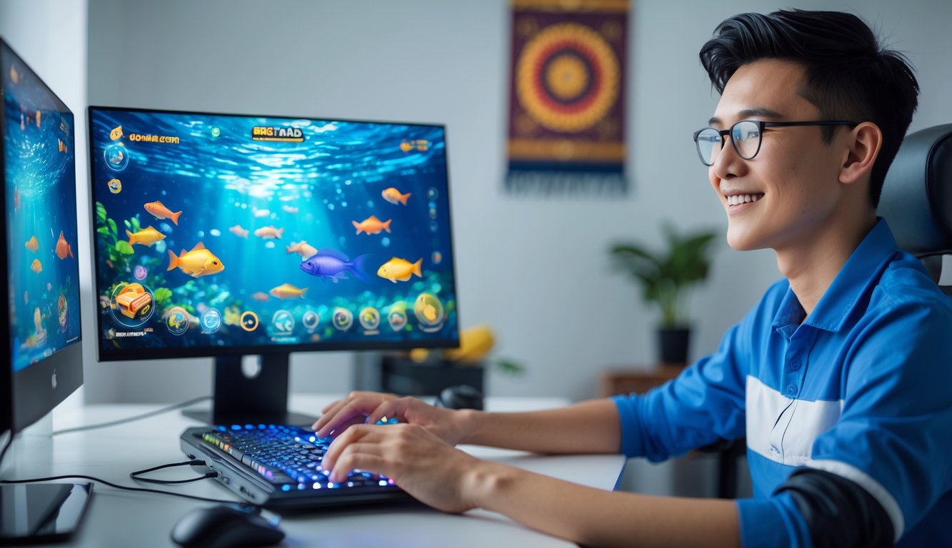 Seorang pemain muda sedang bermain game tembak ikan 3D di komputer di ruangan yang rapi dan terang dengan dekorasi tradisional Indonesia di latar belakang.