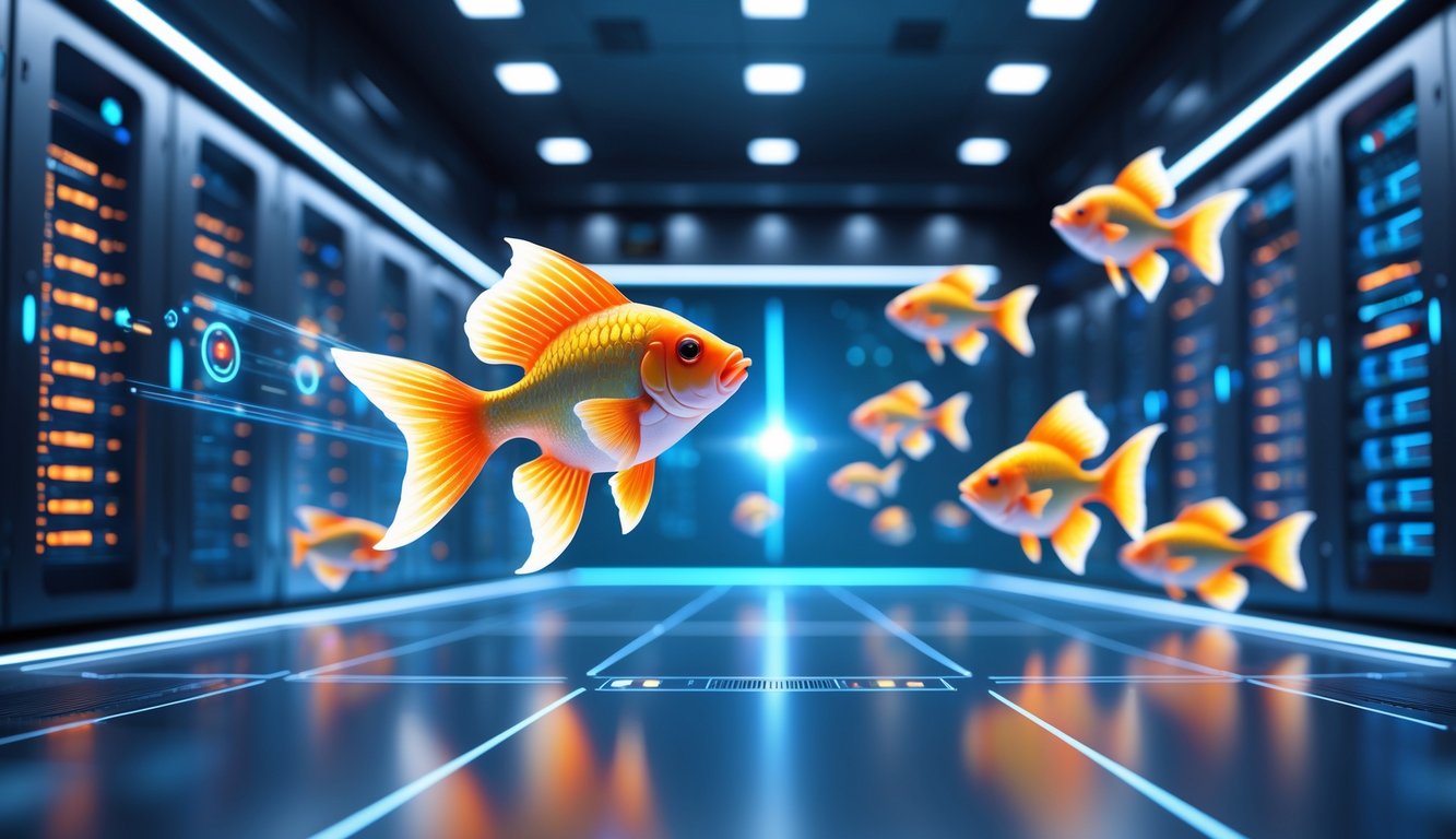 Tampilan layar permainan ikan 3D dengan latar belakang ruang server modern yang terang dan berteknologi tinggi.