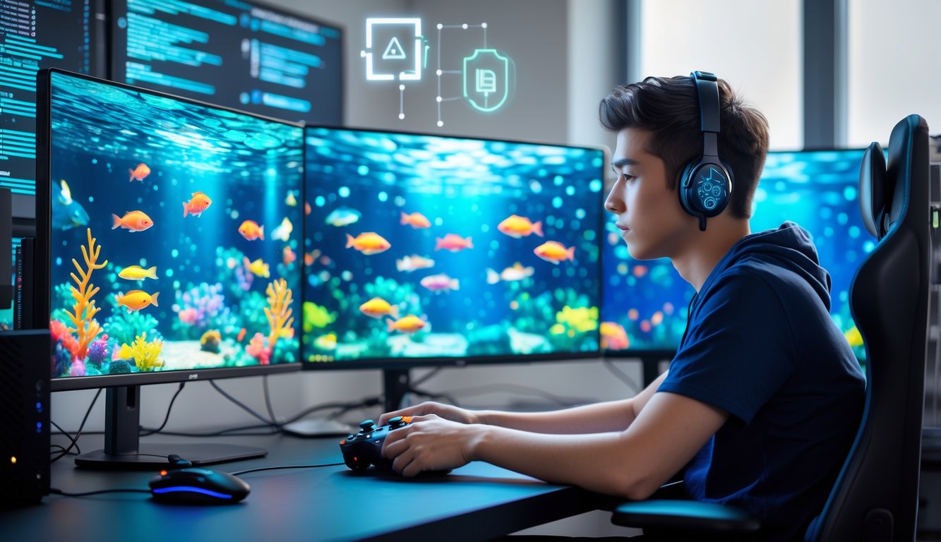 Seorang pemain muda sedang bermain game tembak ikan 3D di komputer dengan layar menampilkan berbagai ikan berwarna-warni di bawah laut.