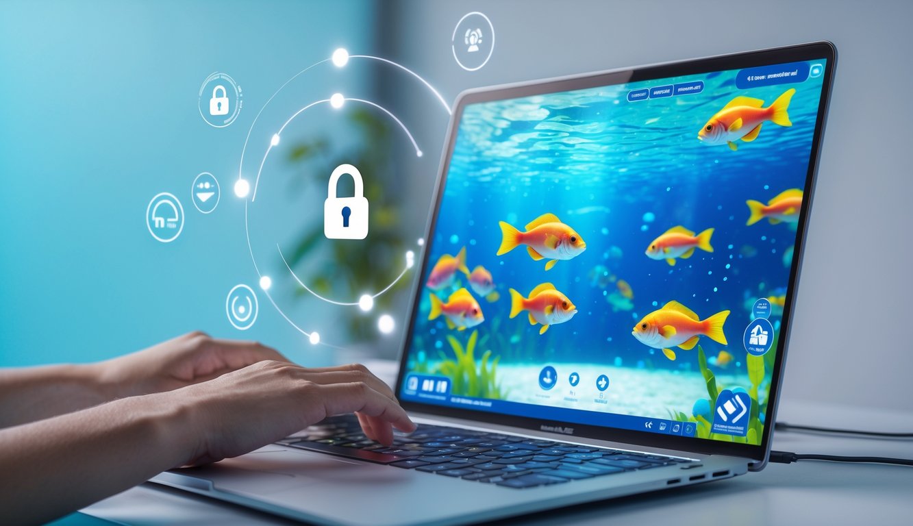 Layar komputer menampilkan permainan ikan 3D dengan latar belakang bawah laut dan ikon keamanan yang menunjukkan akses mudah dan terpercaya.